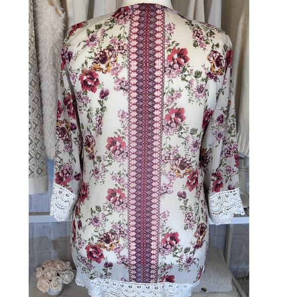 Jolt Womens Sz L Open Front Cream Floral Lace Trim Kimono, Cover Up Blouse #0169 - Picture 12 of 16
